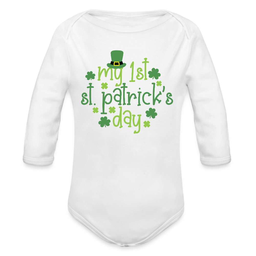 1st St Patrick's Day Long Sleeve Baby Bodysuit - white