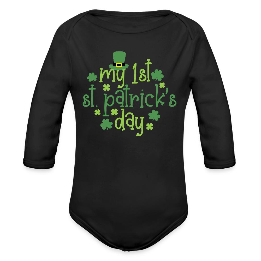 1st St Patrick's Day Long Sleeve Baby Bodysuit - black