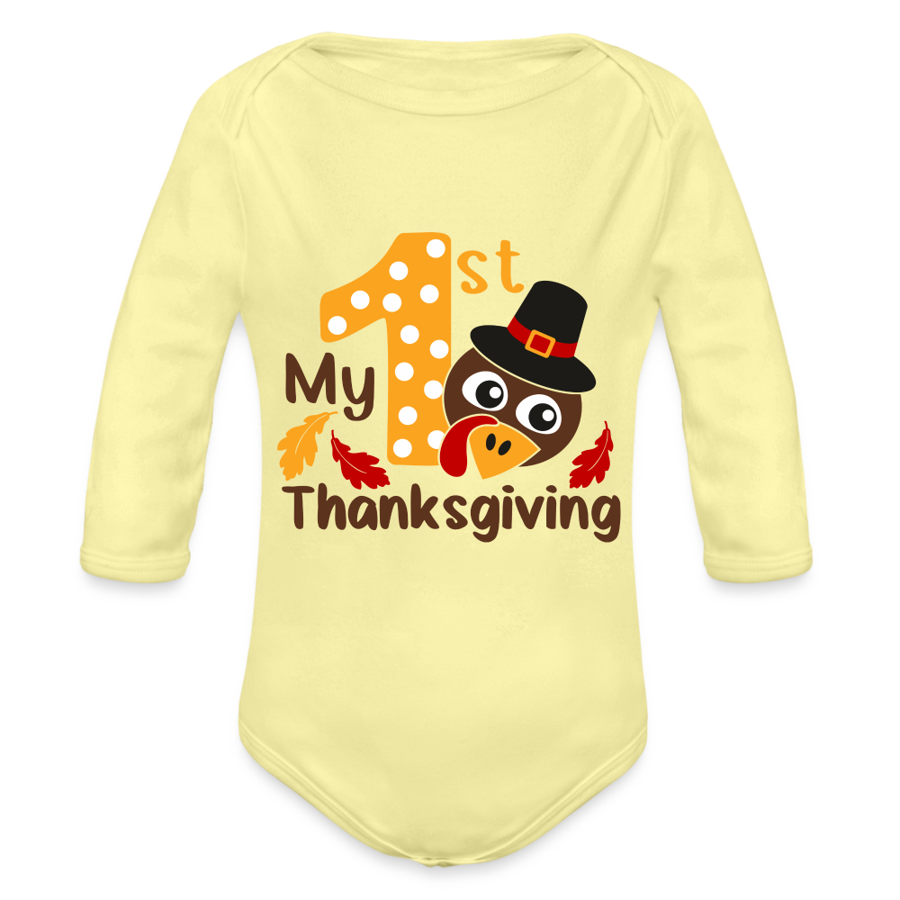 Baby’s First Thanksgiving Long Sleeve Baby Bodysuit - washed yellow