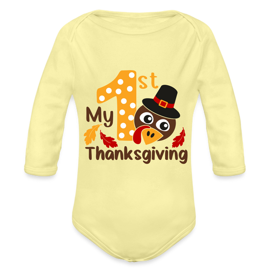 Baby’s First Thanksgiving Long Sleeve Baby Bodysuit - washed yellow