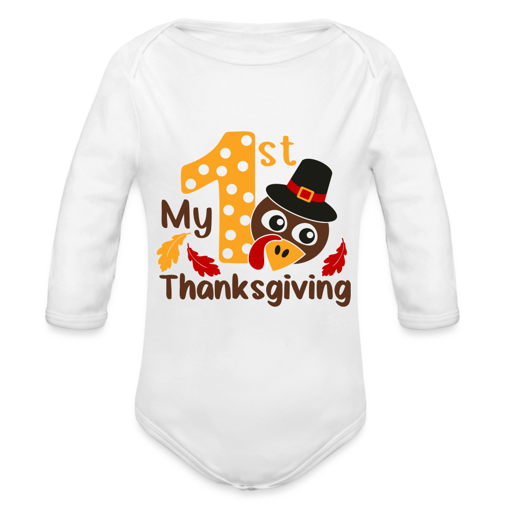 Baby’s First Thanksgiving Long Sleeve Baby Bodysuit - white