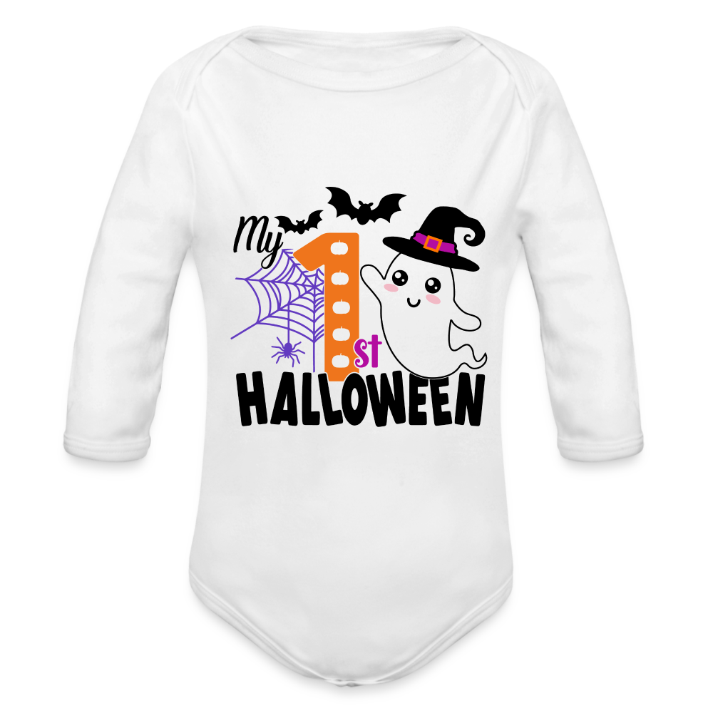 Baby’s First Halloween Bodysuit Long Sleeve Baby Bodysuit - white