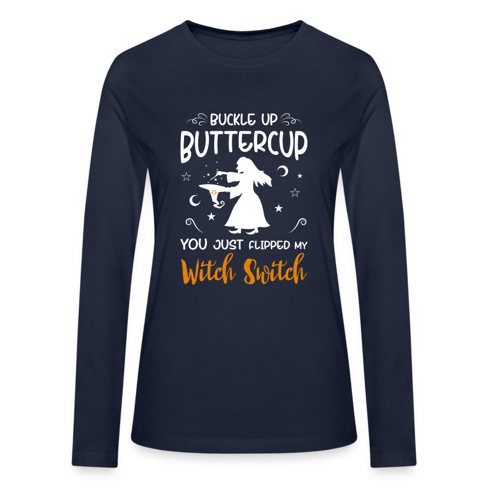 Bella + Canvas Buckle Up Buttercup, You Just Flipped My Witch Switch Halloween-Inspired Long Sleeve T-Shirt for Women - navy