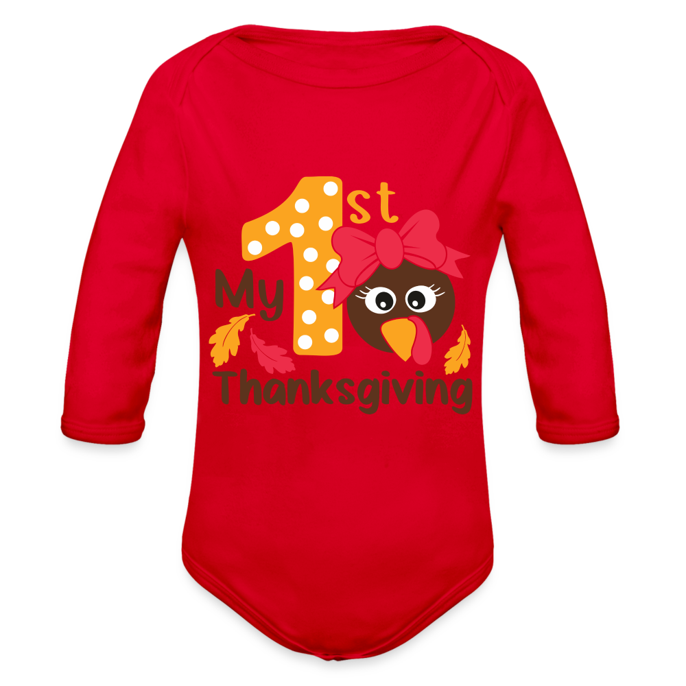 My 1st Thanksgiving Long Sleeve Baby Bodysuit - red