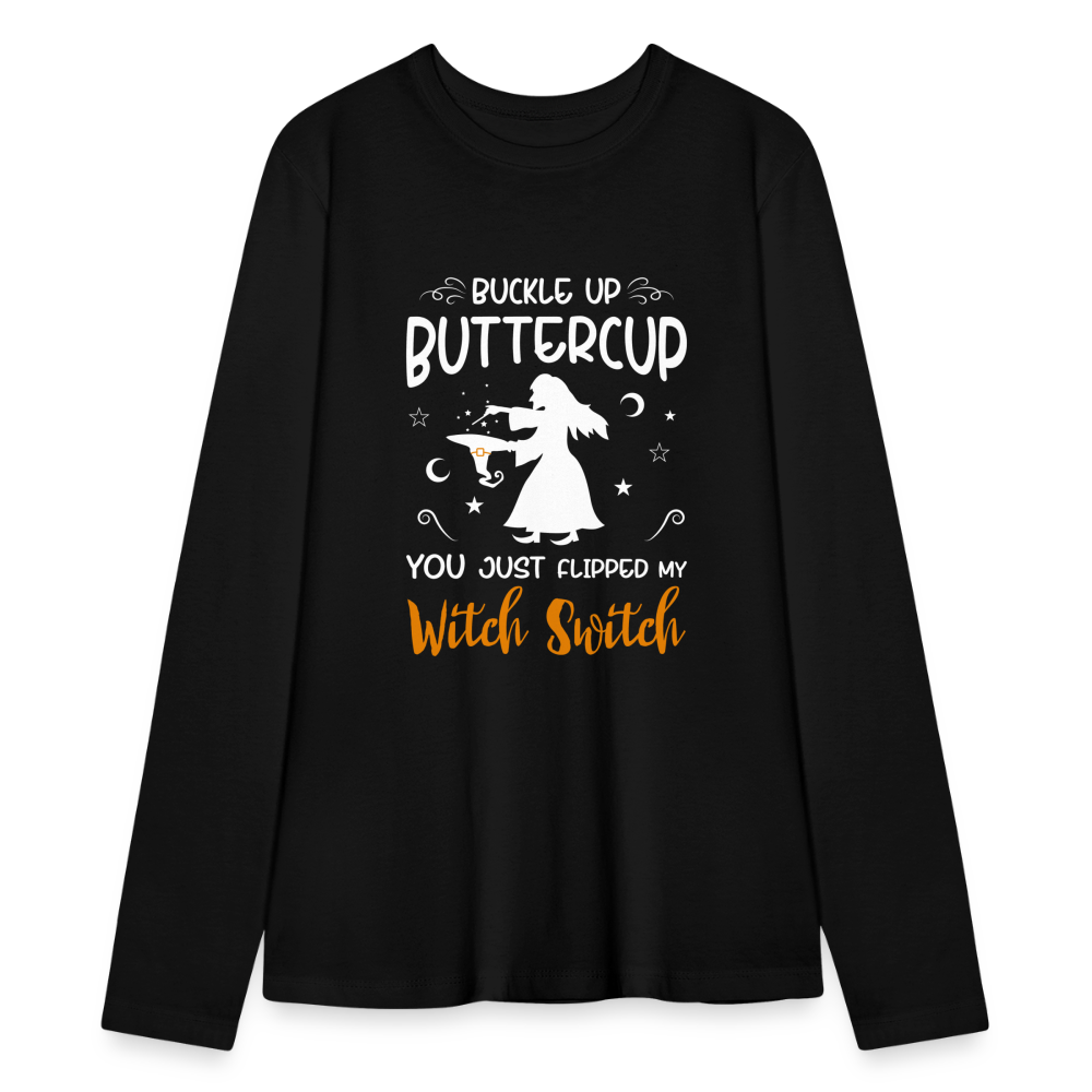 Bella + Canvas Buckle Up Buttercup, You Just Flipped My Witch Switch Halloween-Inspired Long Sleeve T-Shirt for Women - black