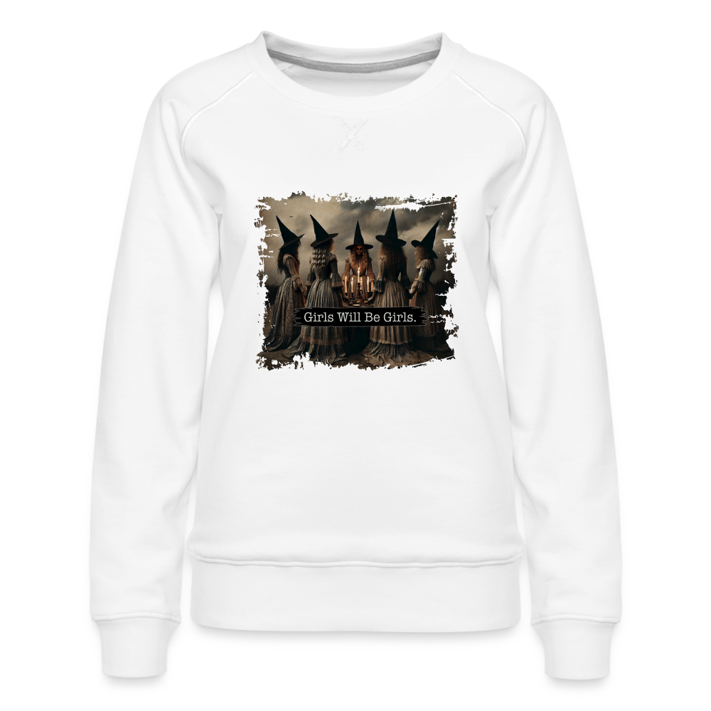 Witchy "Girls Will Be Girls" Halloween Women’s Sweatshirt - white