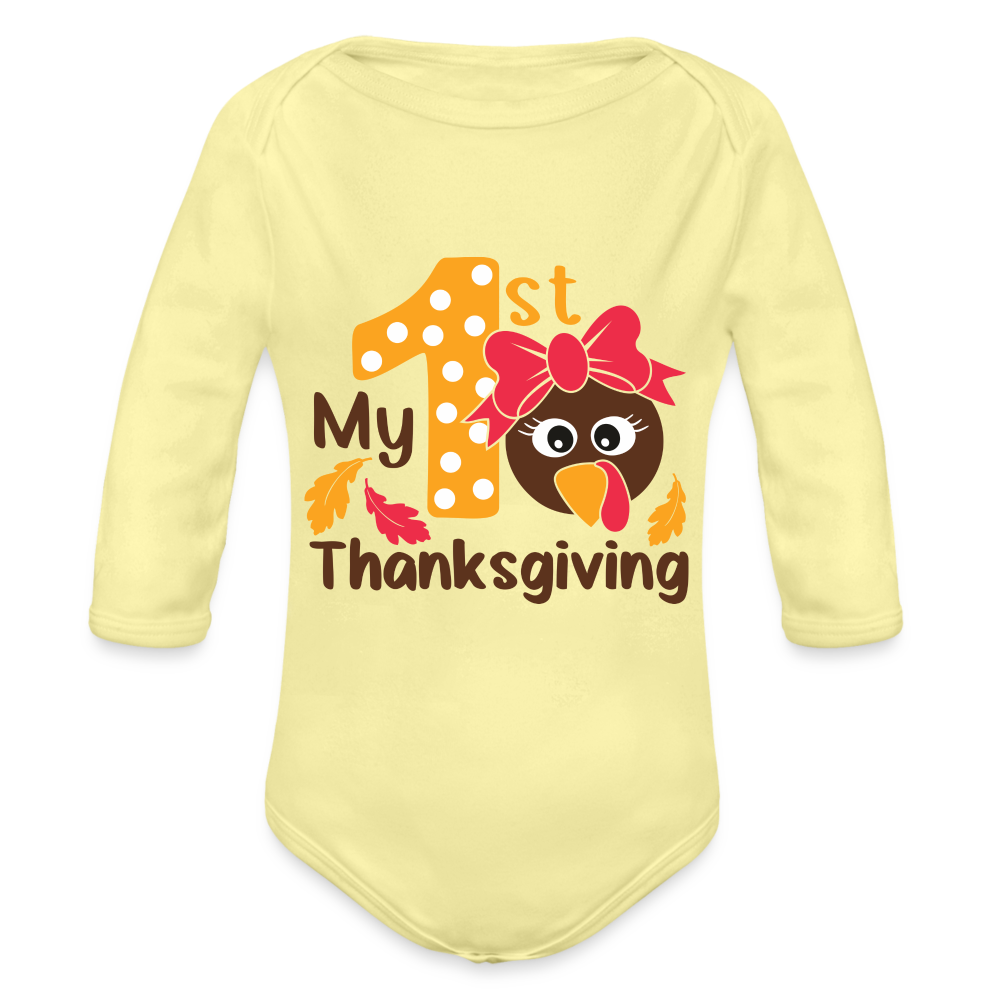 My 1st Thanksgiving Long Sleeve Baby Bodysuit - washed yellow