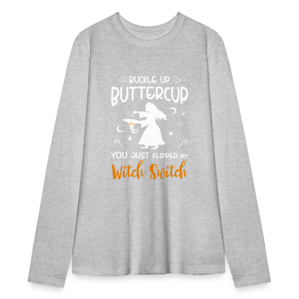 Bella + Canvas Buckle Up Buttercup, You Just Flipped My Witch Switch Halloween-Inspired Long Sleeve T-Shirt for Women - heather gray