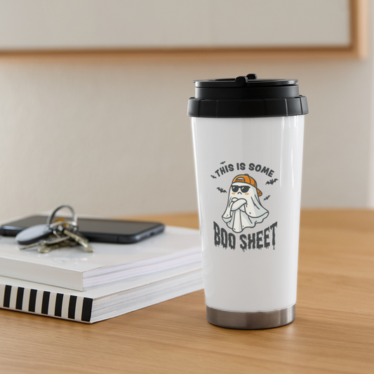 This is Some Boo Sheet: Funny Halloween 16 oz Travel Mug - white