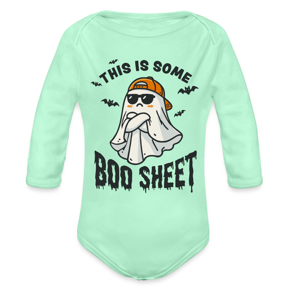 This is Some Boo Sheet: Funny Halloween Long Sleeve Baby Bodysuit - light mint