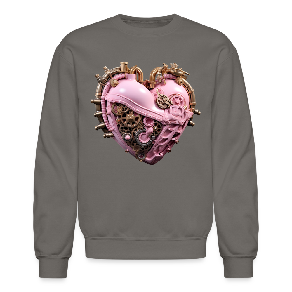 Steampunk Heart Unisex Crewneck Sweatshirt – Pink & Bronze Valentine’s Design - asphalt gray