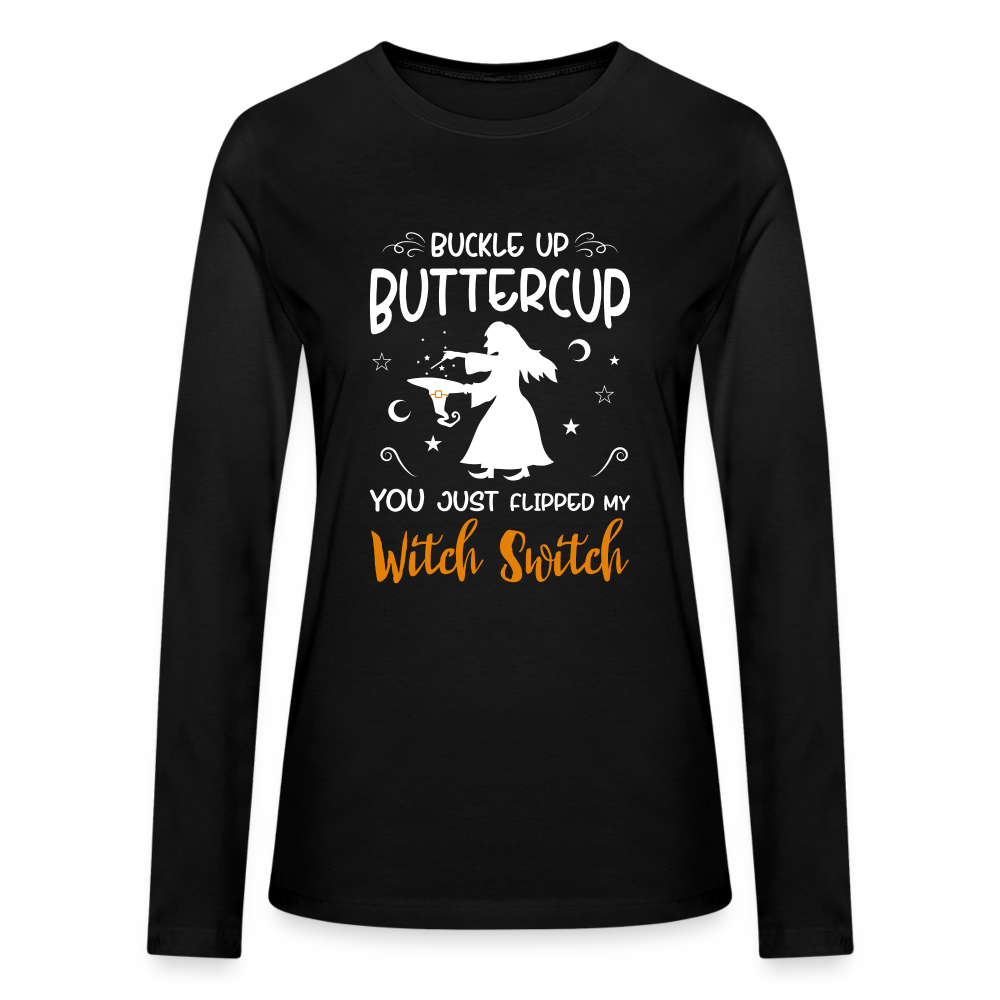 Bella + Canvas Buckle Up Buttercup, You Just Flipped My Witch Switch Halloween-Inspired Long Sleeve T-Shirt for Women - black