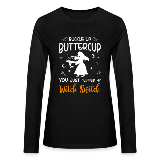 Bella + Canvas Buckle Up Buttercup, You Just Flipped My Witch Switch Halloween-Inspired Long Sleeve T-Shirt for Women - black