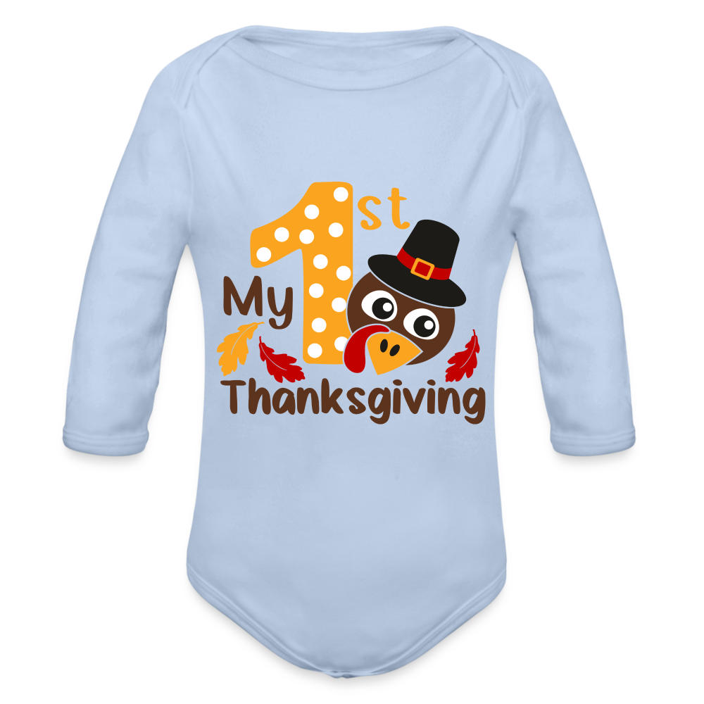 Baby’s First Thanksgiving Long Sleeve Baby Bodysuit - sky