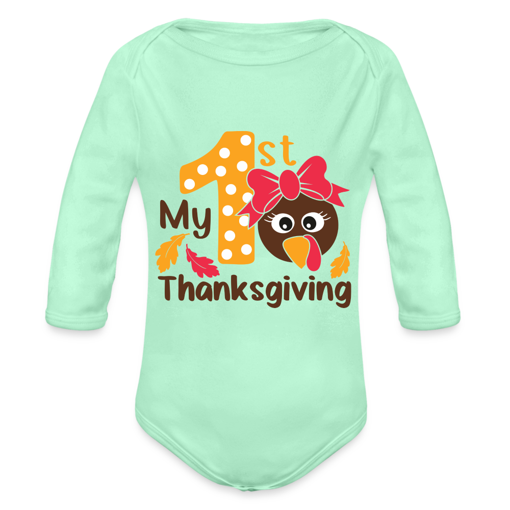 My 1st Thanksgiving Long Sleeve Baby Bodysuit - light mint