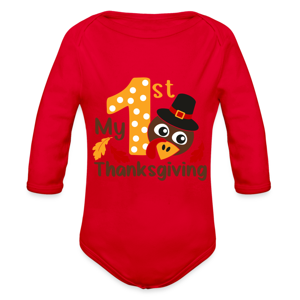 Baby’s First Thanksgiving Long Sleeve Baby Bodysuit - red