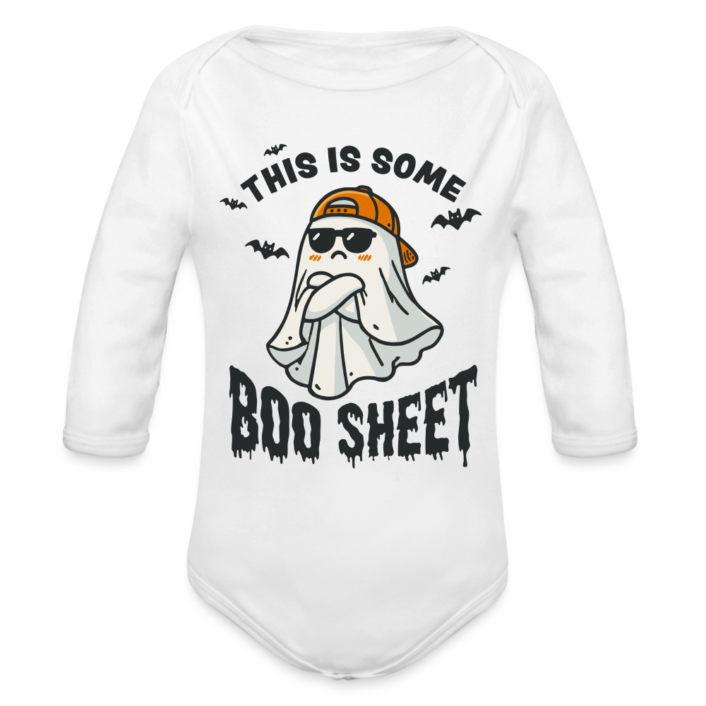 This is Some Boo Sheet: Funny Halloween Long Sleeve Baby Bodysuit - white