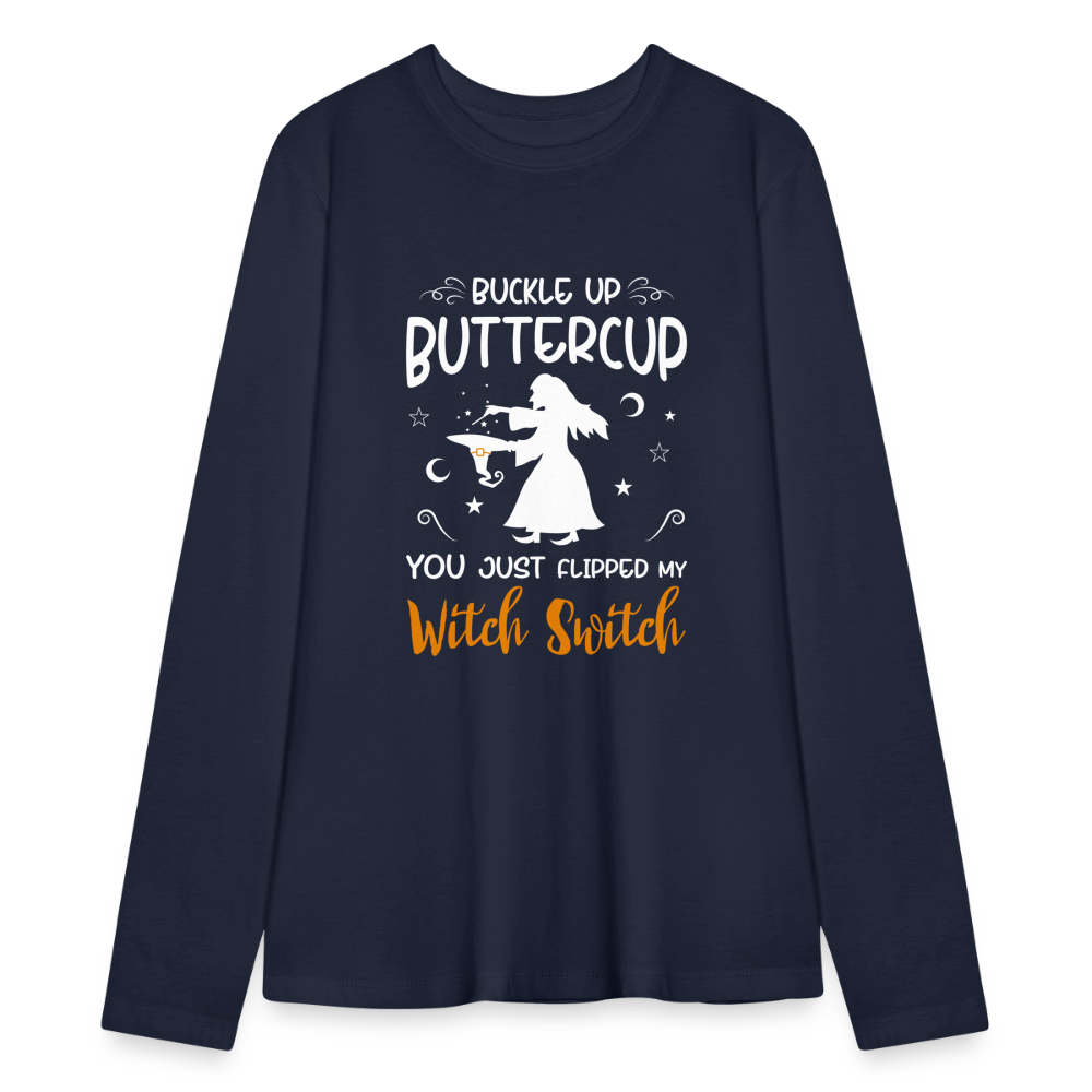 Bella + Canvas Buckle Up Buttercup, You Just Flipped My Witch Switch Halloween-Inspired Long Sleeve T-Shirt for Women - navy