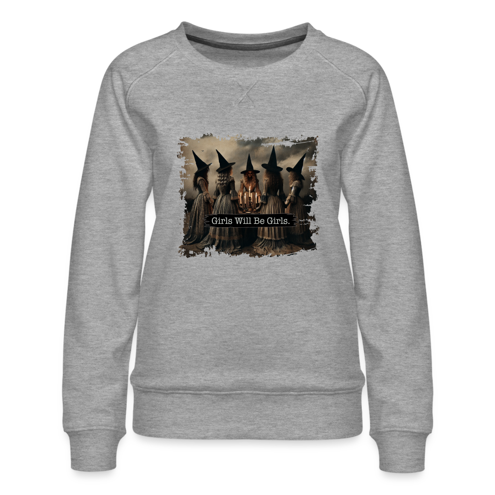 Witchy "Girls Will Be Girls" Halloween Women’s Sweatshirt - heather grey