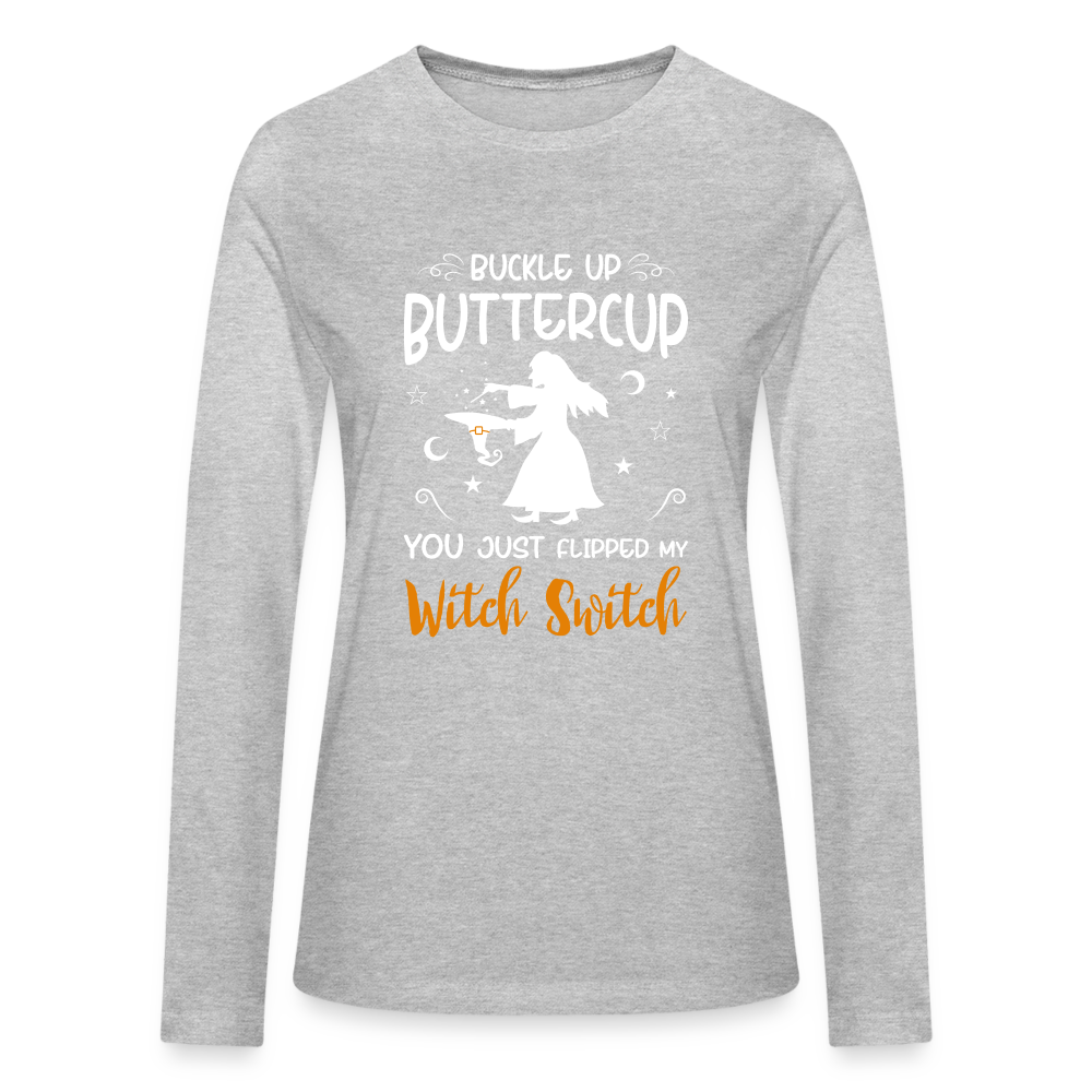 Bella + Canvas Buckle Up Buttercup, You Just Flipped My Witch Switch Halloween-Inspired Long Sleeve T-Shirt for Women - heather gray