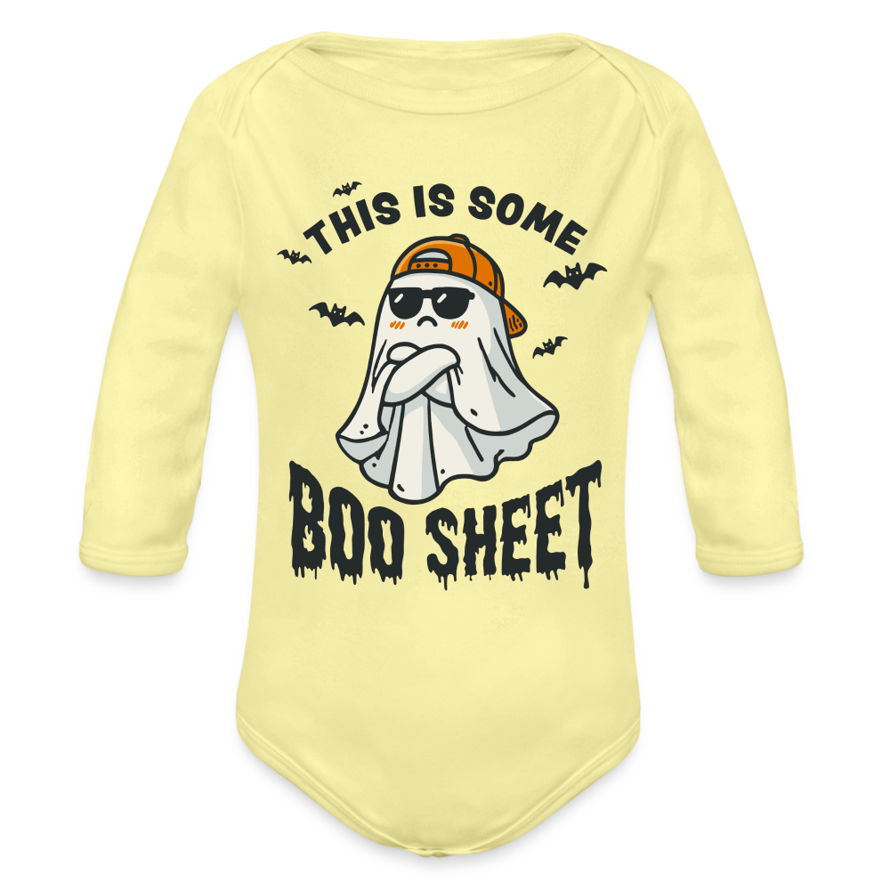 This is Some Boo Sheet: Funny Halloween Long Sleeve Baby Bodysuit - washed yellow